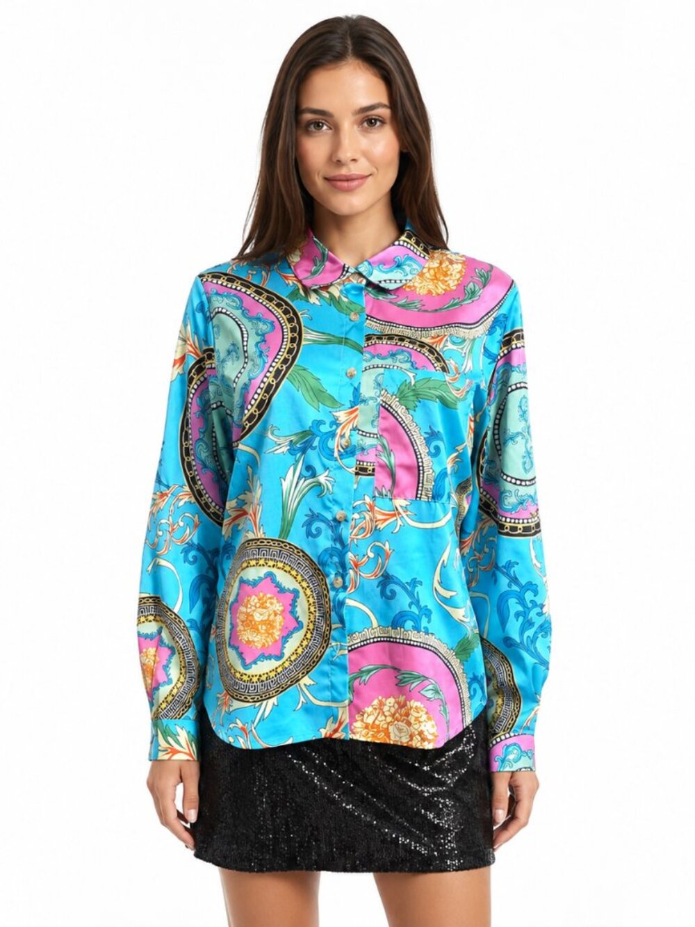 Baroque Print Satin Button-Up Shirt Turquoise Pink Gold S/M